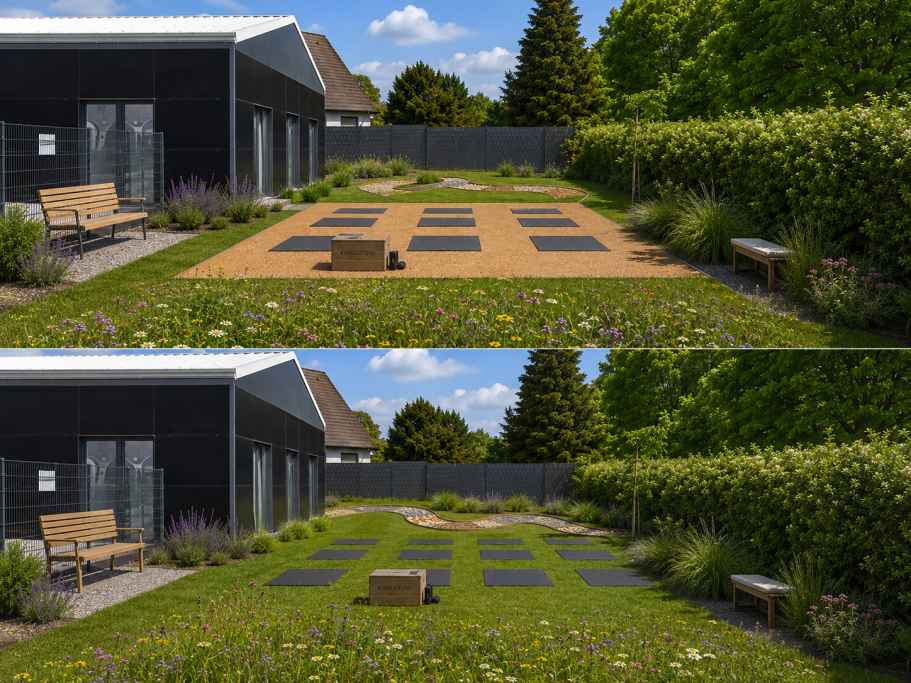 Gartenanlage Therapiefläche für Outdoorkurse mit Sitzbänken, begrüntem Bereich und Holzelementen.